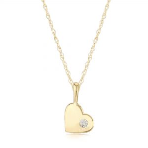 Yellow Gold Small Heart Necklace with One Round Diamond