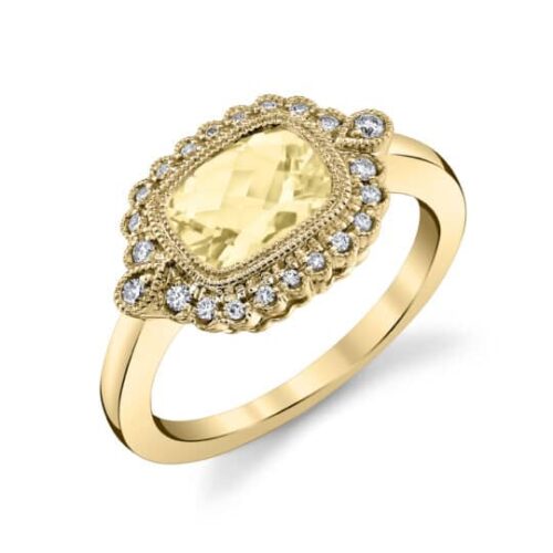 14 Karat Yellow Gold Milgrain Halo Fashion Ring With One 1.14Ct Rectangular Cushion Citrine And 0.15Tw Round Diamonds