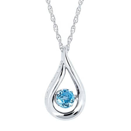 Silver teardrop pendant with a blue gemstone on a delicate chain. (informative)