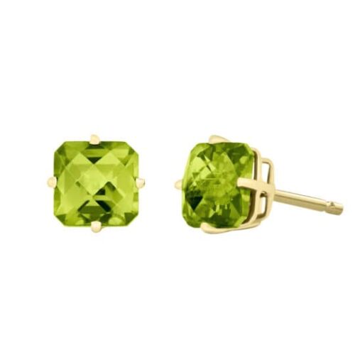 Cushion Cut Peridot Studs Gold stud earrings with square-cut green peridot stones.