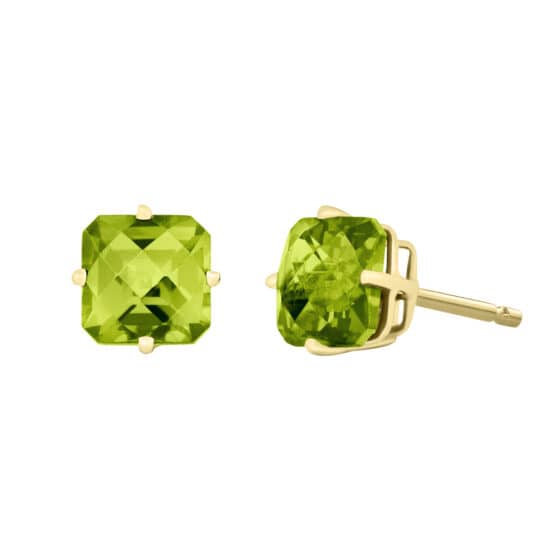 Cushion Cut Peridot Studs Gold stud earrings with square-cut green peridot stones.