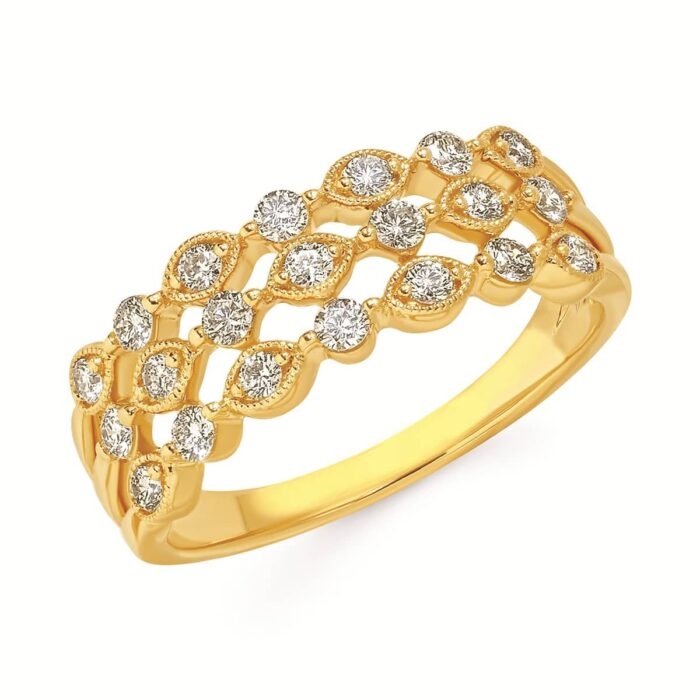 Yellow Gold Three Row Diamond Ring