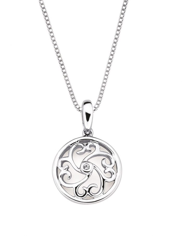 Sterling Silver Open Heart Scroll Pendant With Round Diamond